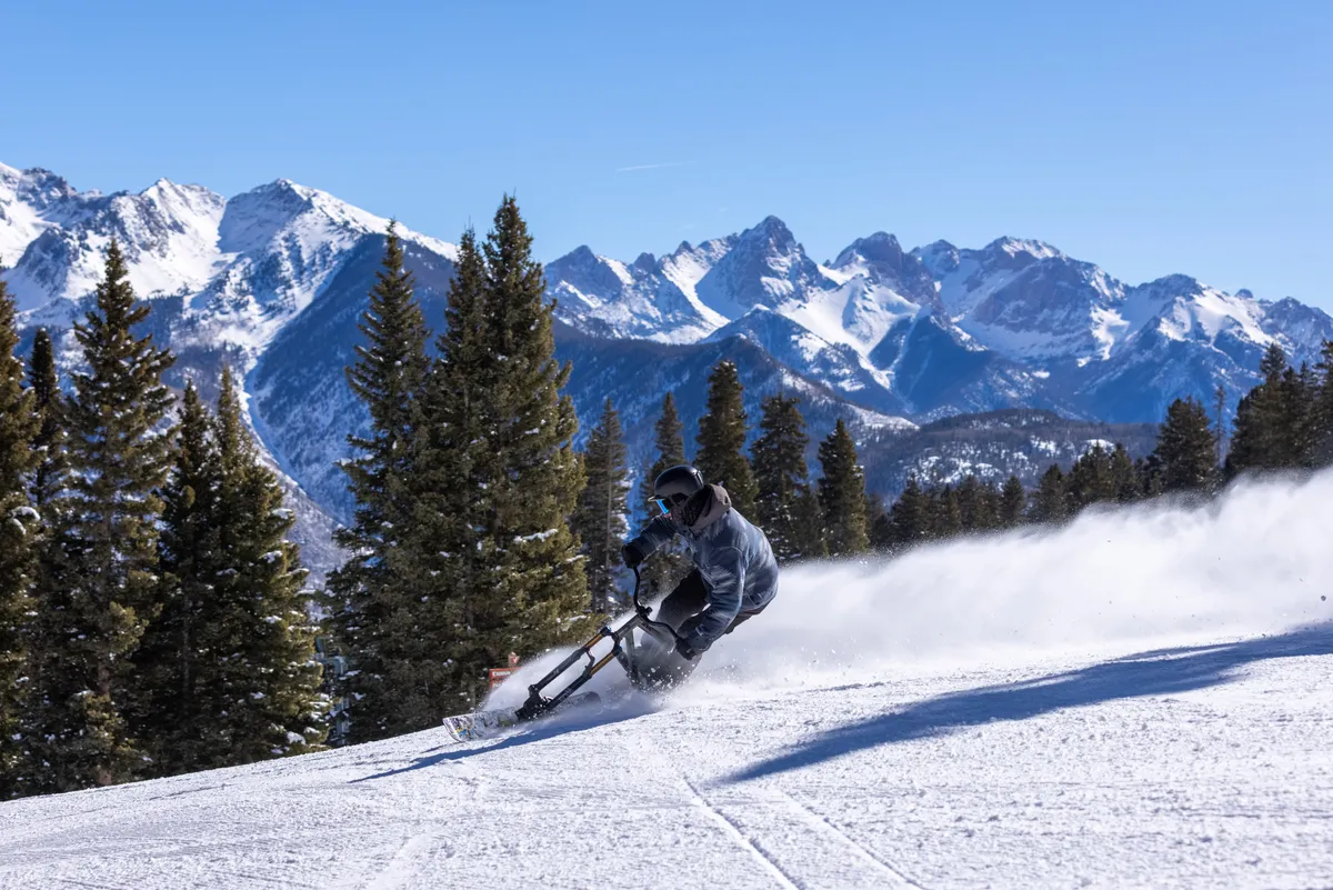 A skier carves down a snowy mountain slope, framed by pine trees and surrounded by snow-covered peaks. The action is set against a backdrop of brilliant white snow and pristine blue sky, capturing the thrill of mountain exploration and winter sports.